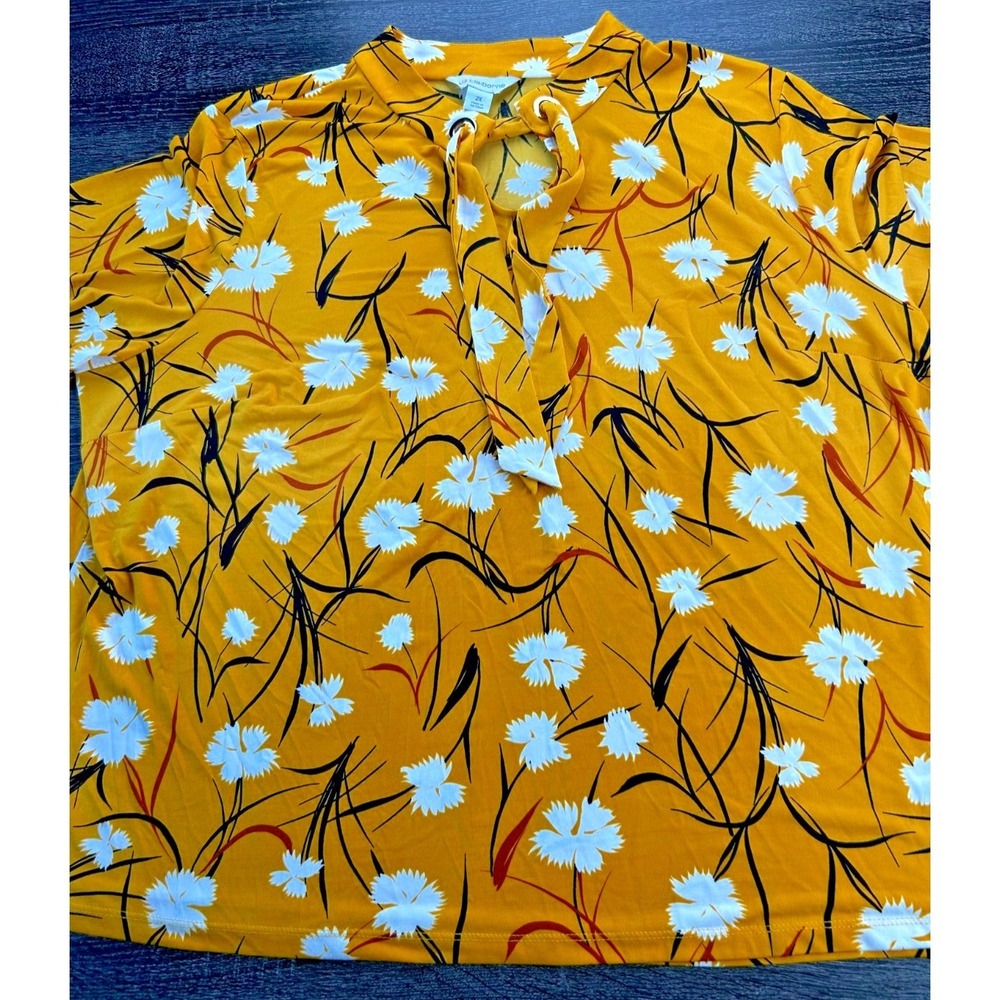 Liz Claiborne Womens 2X Mustard Yellow Floral Tie Neck Keyhole Blouse 3/4 Sleeve